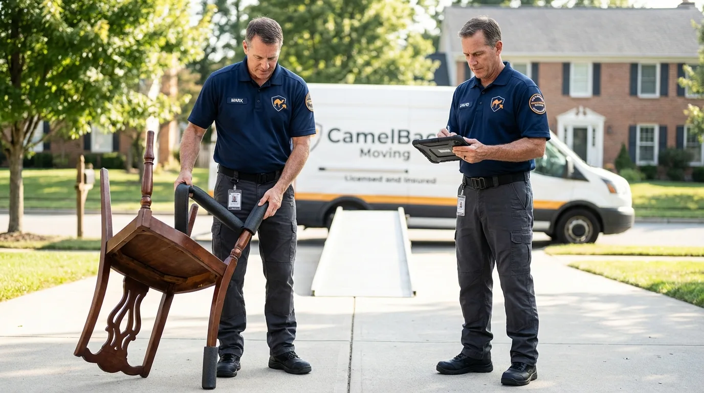 Movers inspecting furniture for damage prevention before loading in Schnecksville, PA