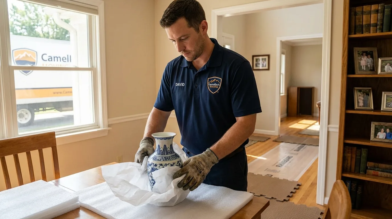 Professional crew carefully wrapping antique vase for senior downsizing move in Schnecksville, PA